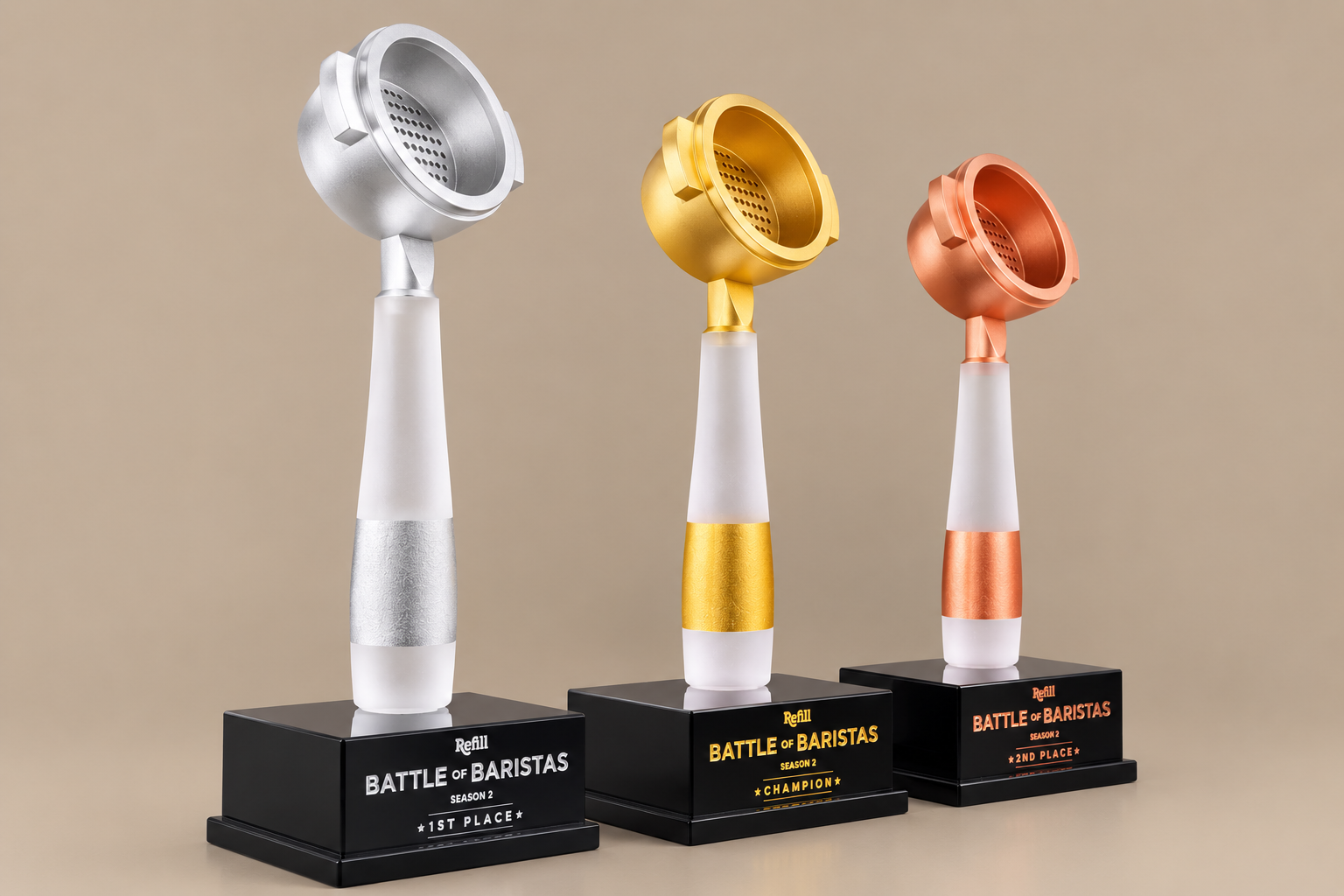 Battle of Baristas crystal trophy collection in silver, gold and copper finishes
