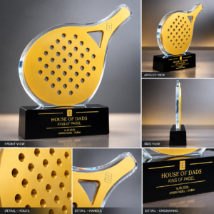 Gold and clear acrylic padel racket trophy with black engraved base, custom sports award by BN Crystal